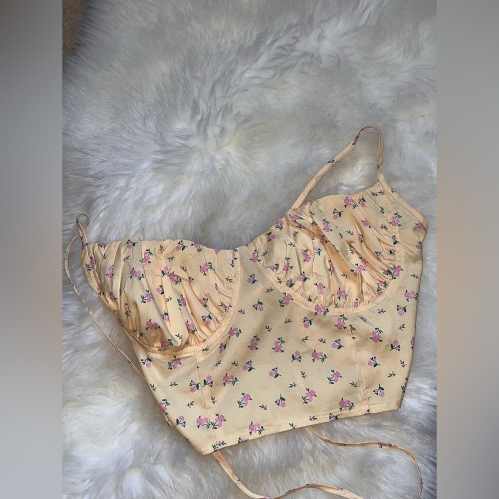 Shein top, yellow floral, crisscross back